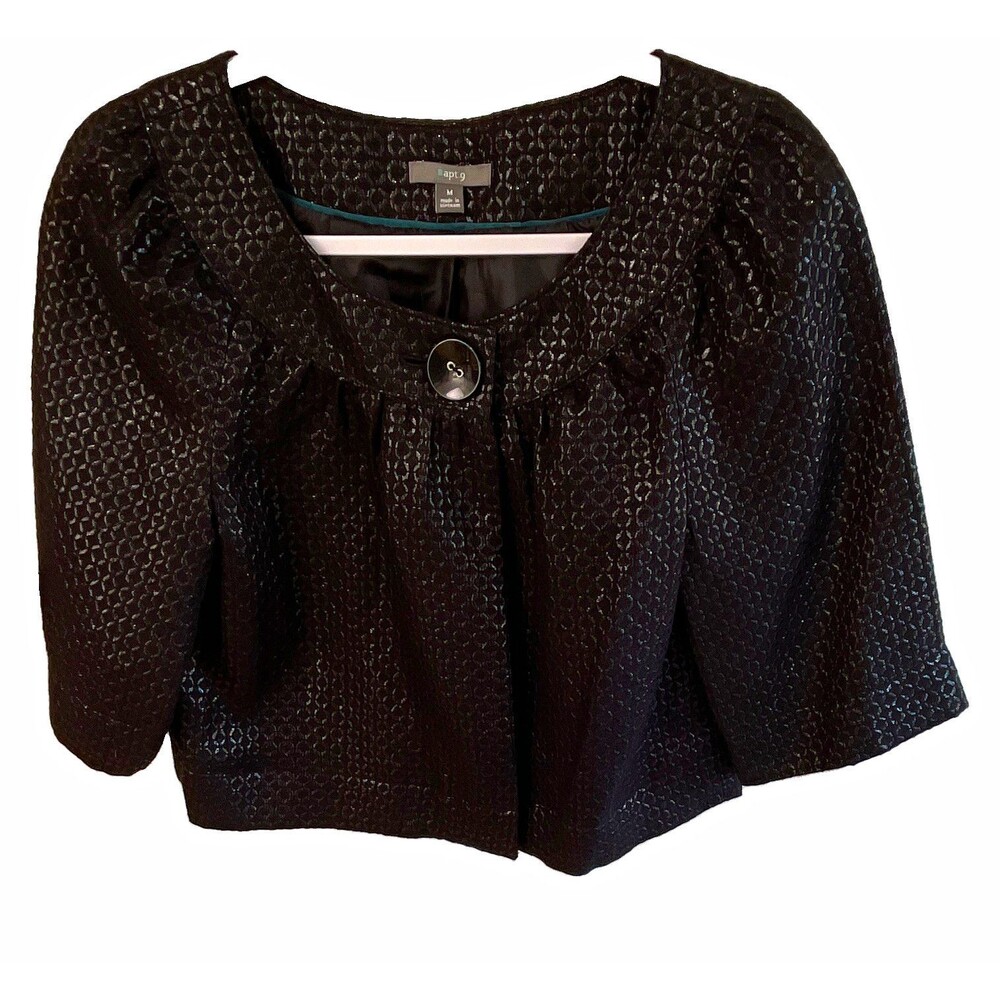 Apt. 9 Women’s Black Jacquard Lined Bolero Jacket 3/4 Sleeve Button M